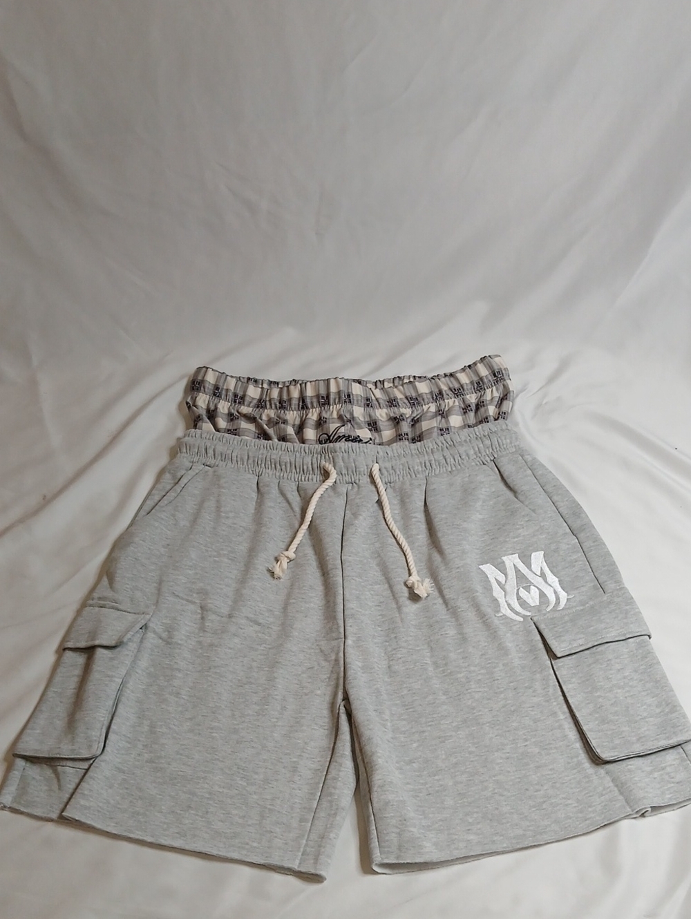 AMIRI 2 Layer Heather Gray Cargo Lounge Shorts with White Logo